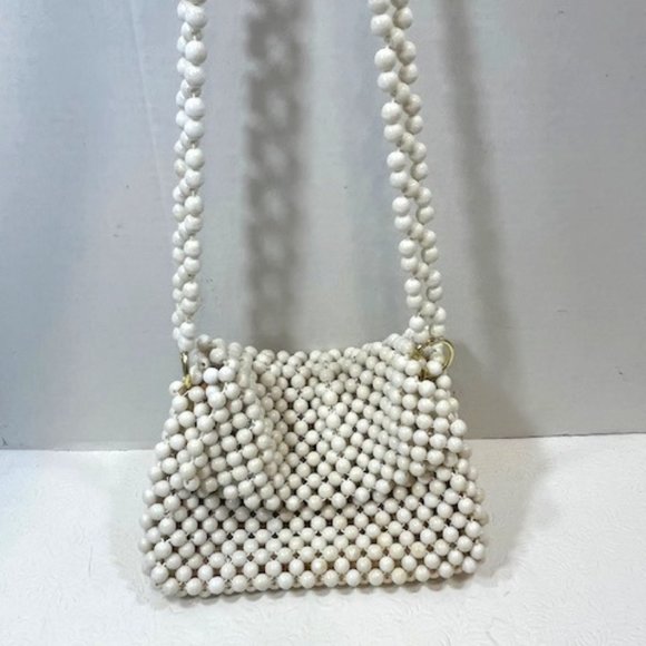 VTG White Beaded Fold Over Retro Shoulder Handbag Made in Japan 9"x6" - Picture 1 of 14